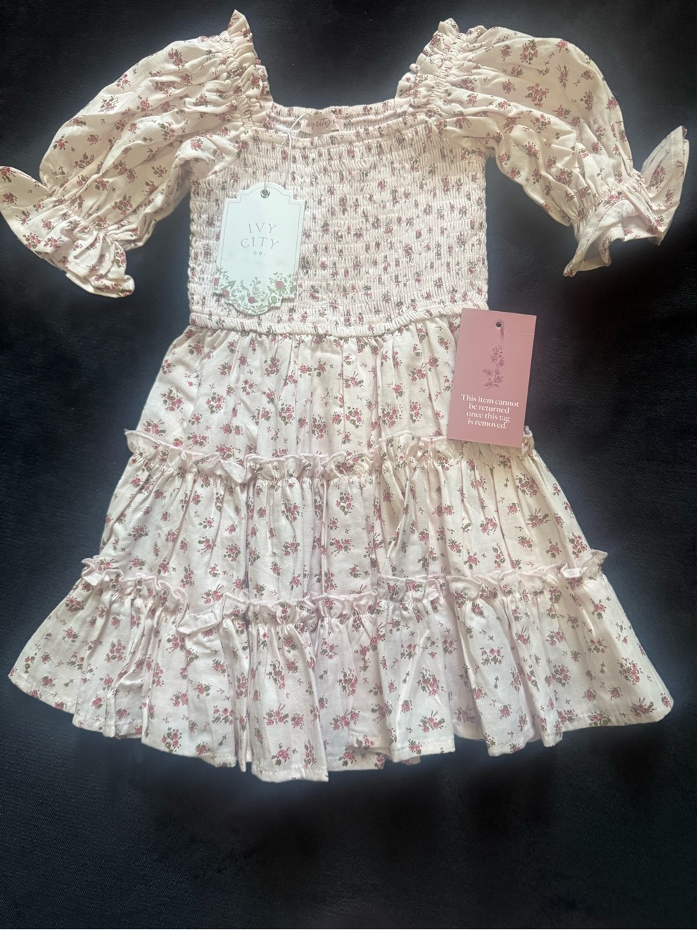 Ivy City Co Cream and Pink Floral Smocked Tiered Dress